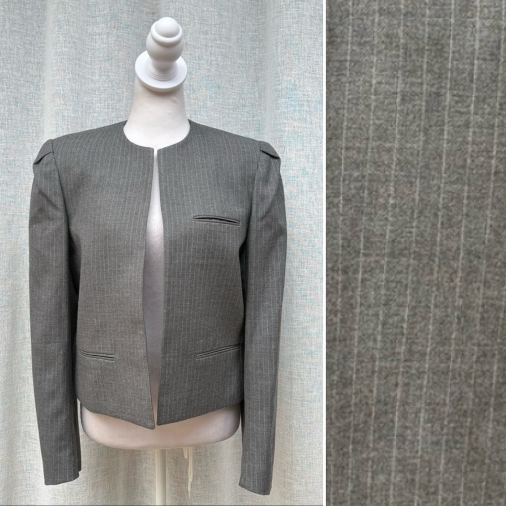 1990 PSI gray white pin striped wool open blazer